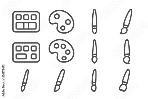Minimalist outline design of artist paint brushes, color swatches, and mixing palettes
