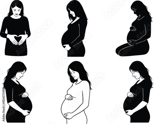 Six black and white illustrations depicting pregnant women in various poses and stages of maternity, isolated on