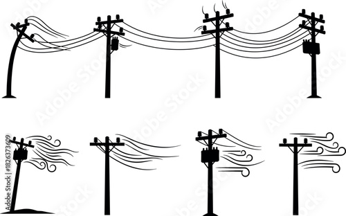 Utility pole silhouettes under strong wind stress, electrical infrastructure resilience and weather impact, flavector series