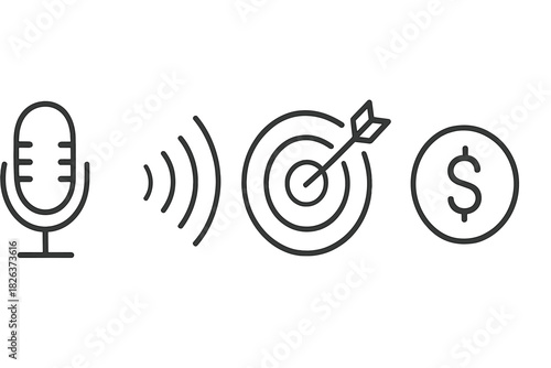 Microphone broadcasting sound waves hitting a target bullseye for financial success