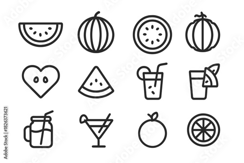 Simple black outline icons depicting watermelon, citrus fruits, and refreshing summer drinks