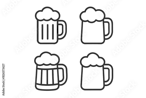 Four different outline beer mugs and steins with foamy heads ready for drinking celebration