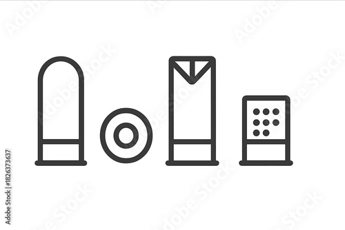 Outline icons set featuring various types of ammunition and firearm cartridges