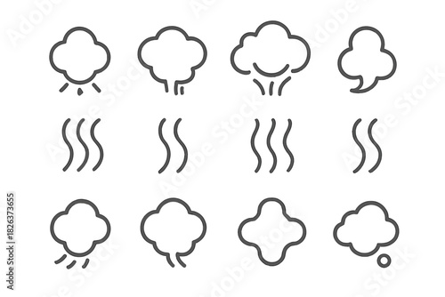 Simple line icons collection depicting steam smoke aroma and hot air rising vapor effects