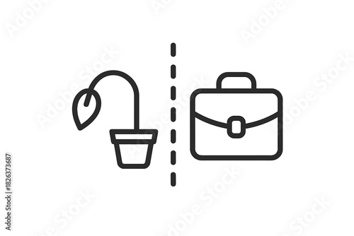 Work life balance concept with wilting plant and business briefcase separated by line