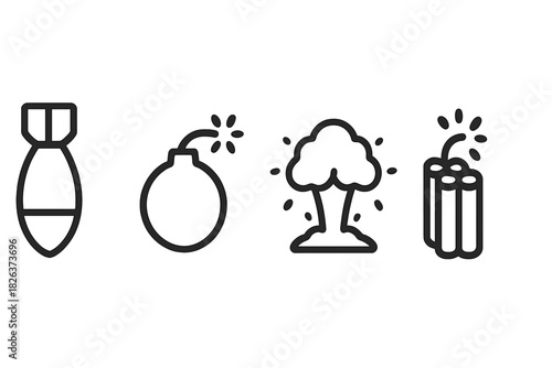 Simple line icons of bombs, dynamite, and a destructive explosion cloud symbol