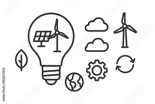 Set of outline icons for renewable energy, ecology, sustainability, and environmental protection