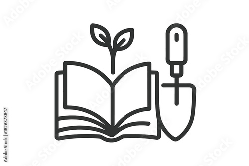 Open textbook with sprouting seedling and gardening trowel symbolizing environmental education