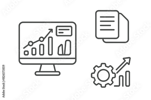 Business analysis showing data reports, performance growth, and optimization settings