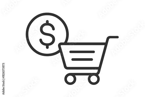 Shopping cart and dollar coin for online purchasing and e-commerce transactions