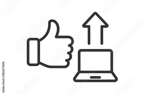 Hand giving a thumbs up sign next to a computer screen with an arrow pointing upwards