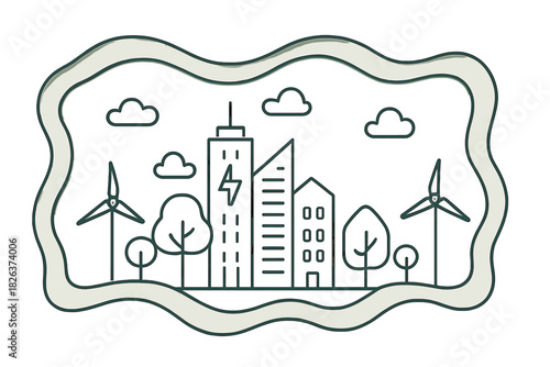 Modern sustainable city skyline featuring wind turbines and green urban environment