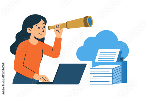 Woman using a laptop and telescope searching for data in cloud storage and documents