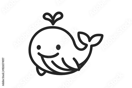 Simple black outline of a cute smiling whale spouting water shaped like a heart