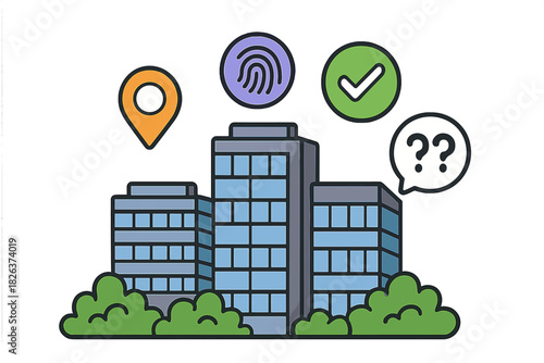 Modern city buildings with security, location, verification, and question mark icons