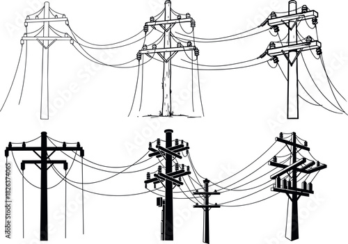 Utility pole silhouettes with transformers and crossarms, electrical infrastructure diversity and design variations, flavector series