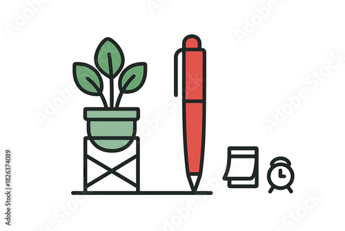 Potted plant, red pen, sticky note, and alarm clock arranged as desk essentials