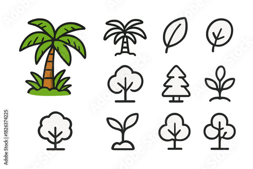 Simple nature icons featuring various trees, leaves, and plants