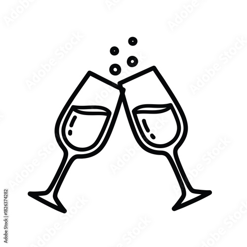 A simple black and white line drawing of two champagne glasses clinking together, with bubbles rising from the liquid inside.