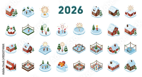 Festive 2026 Winter Fun Isometric Set Celebrating New Year with Skating, Fireworks, Snowy Houses and Cheerful Gatherings, Perfect for Holiday Greetings