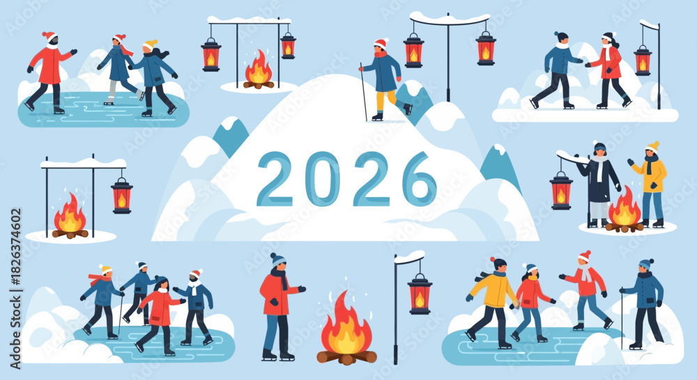Fototapeta premium Celebrate Winter Fun with Ice Skating and Cozy Campfires in 2026, Perfect for Holiday Greetings and Festive Events with Friends and Family