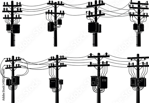 Utility pole silhouettes with transformers, insulators, and interconnected wires, electrical distribution infrastructure, flavector series