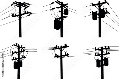 Utility pole silhouettes with transformers and insulators, electrical infrastructure diversity, power grid components, flavector series