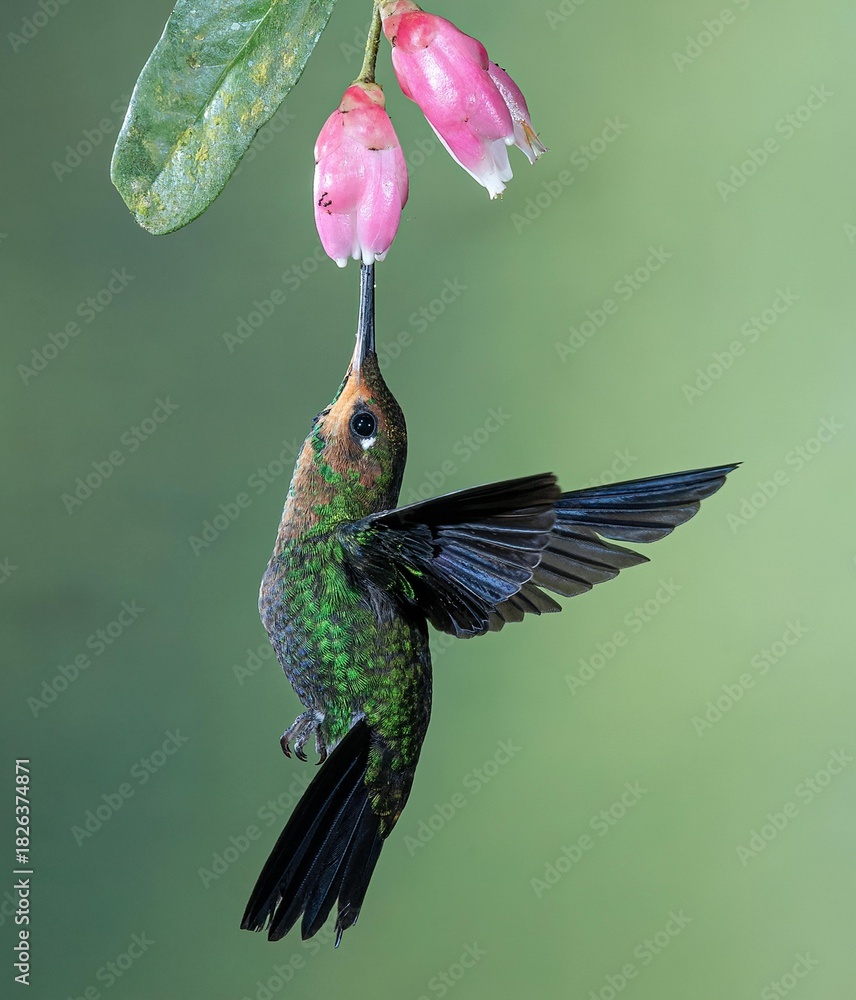Obraz premium Ruby-throated hummingbird in flight and feeding on a tropical flower, highlighting the bird's fast wings and green feather