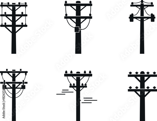 Utility pole silhouettes with wire and insulator configurations, electrical infrastructure diversity, flavector engineering series
