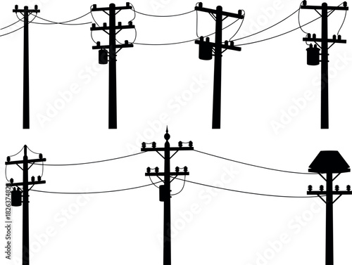 Utility pole silhouettes with varied transformer and wire configurations, electrical infrastructure diversity, flavector series