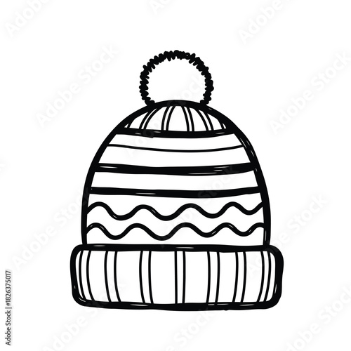 A black and white line drawing of a knitted winter beanie hat featuring stripes and a pom pom on top.