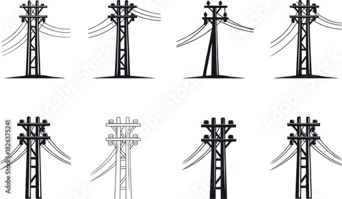 Utility pole silhouettes, crossarm variations, electrical infrastructure,  crossarm variations, electrical infrastructure, power line diversity, rural energy grid, flavector