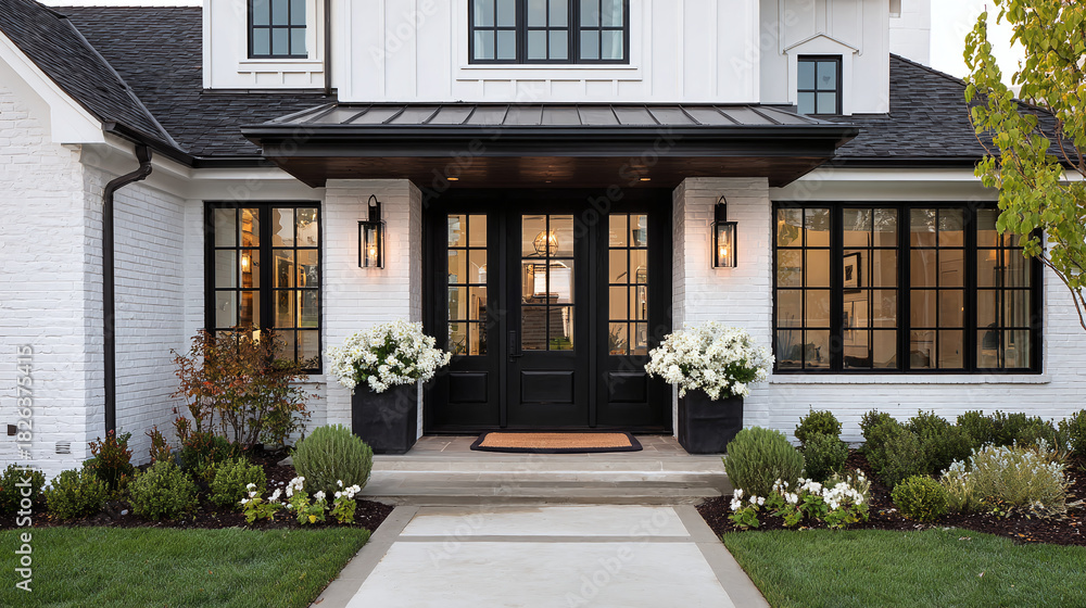 Obraz premium Elegant exterior showcasing a white brick home with black accents, complemented by lush greenery and classic outdoor lighting.