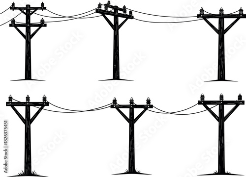 Utility pole silhouettes, power lines, electrical infrastructure, rural energy grid, voltage system, distribution network, flavector