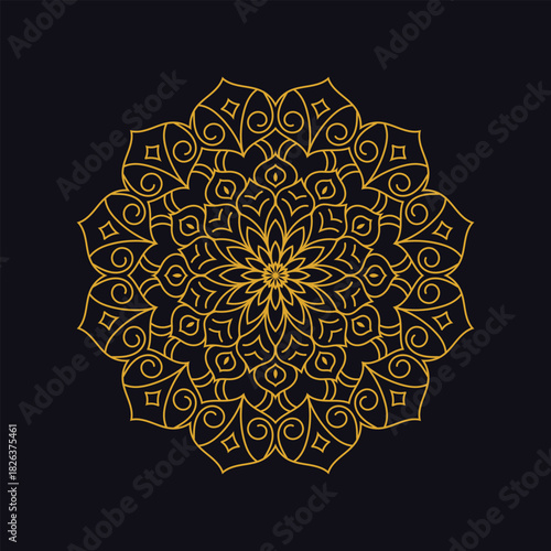 Elegant circular golden mandala ornament with detailed floral and geometric line art on a dark background.