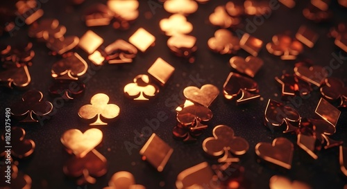 Golden confetti of card suits a festive background for casino night poker tournament or gambling eve