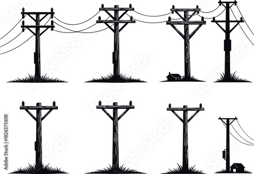 Utility pole silhouettes, rural installation, power lines, electrical infrastructure, transformer setup, suburban grid, flavector