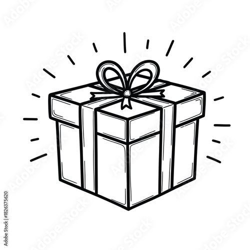 A simple, black and white line drawing of a gift box tied with a ribbon and bow, surrounded by radiating lines.