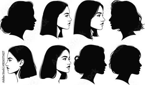 Collection of diverse female face profiles and silhouettes, showcasing various hairstyles and features, representing beauty and individuality, isolated on