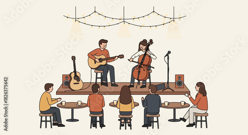 Enjoying live music performance at cozy cafe featuring guitarist, cellist, and appreciative audience in a warm, inviting atmosphere originally a vector graphic