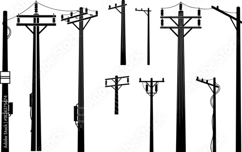 Utility pole silhouettes, structural diversity, transformer and wire configurations, electrical infrastructure, rural grid system, flavector Utility pole silhouette