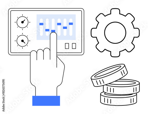 Hand adjusting sliders on control panel, gear for process optimization, stack of coins for financial resources. Ideal for automation, finance, technology, control, strategy, efficiency planning