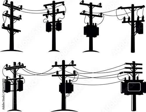 Utility pole silhouettes, transformer and wire configurations, electrical infrastructure diversity, power grid system, flavector series