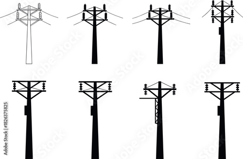 Utility pole silhouettes, structural variations, power line infrastructure, electrical distribution systems, rural energy grid, flavector