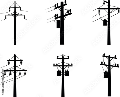 Utility pole silhouettes, transformer and wire configurations, electrical infrastructure diversity, rural power grid, flavector series
