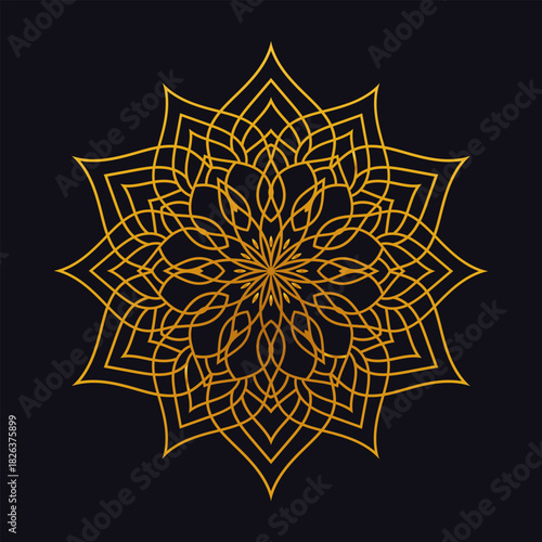 Intricate golden mandala design with symmetrical patterns on a dark background.