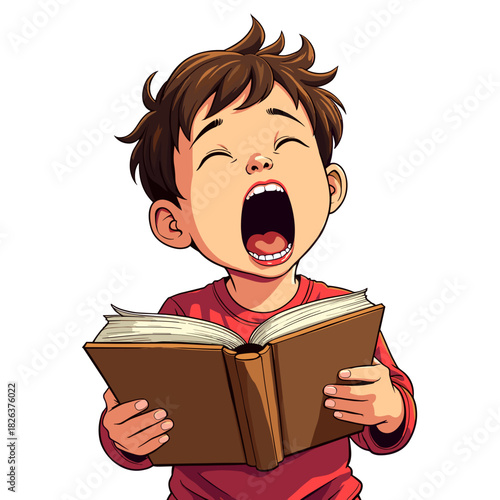 Child yawning while holding a book in an expressive style on a white background with copy space