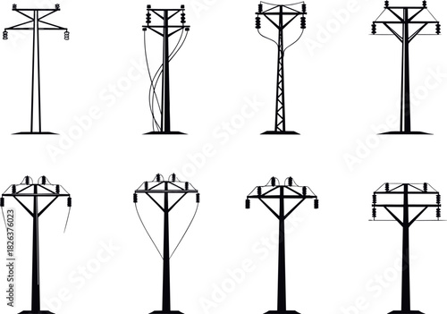 Utility pole silhouettes, wire configurations, electrical infrastructure, power distribution systems, rural energy grid, flavector