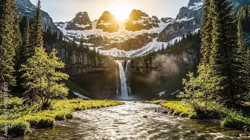 Majestic Waterfall in a Tranquil Mountain Basin,with Sunlight Illuminating Snow-Dusted Peaks and a Serene River Flowing Through Lush Green Forests