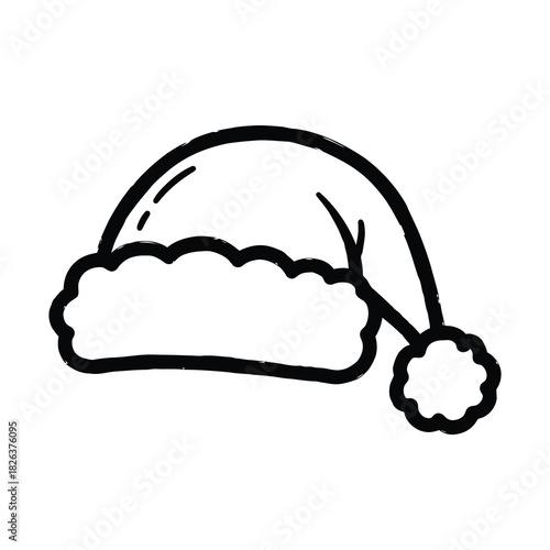 A hand-drawn, minimalist illustration of a classic Santa hat with a fluffy brim and pom-pom, rendered in bold black ink on a white background.